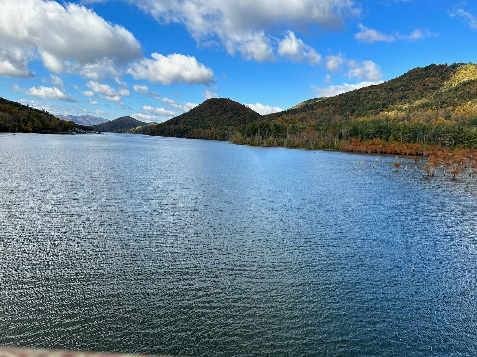 A wide-angle view of Watauga Lake with the mountains of the Cherokee National Forest stretching into the distance.