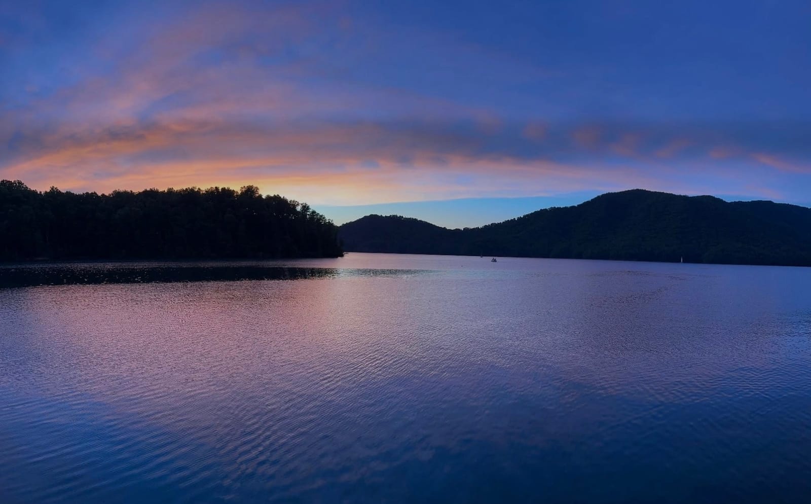 A panoramic twilight view of Watauga Lake with the last light on the mountains.