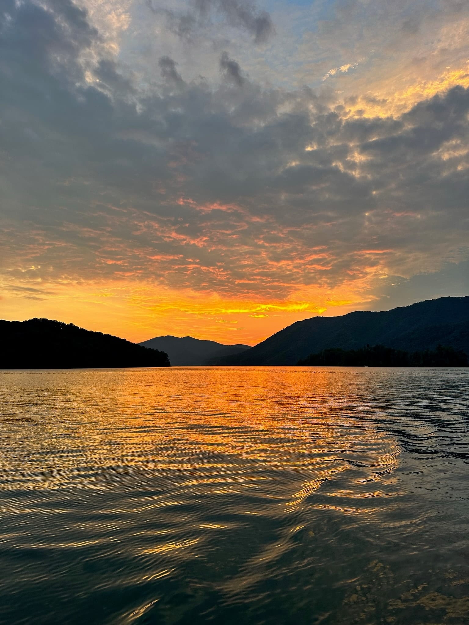 An orange sunset over Watauga Lake with silhouetted ridges on the far shore.